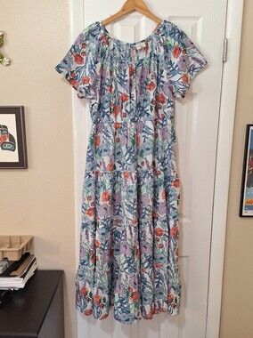 St. John's Bay White Floral Tiered Maxi Dress with Blue & Coral Floral Print Xl